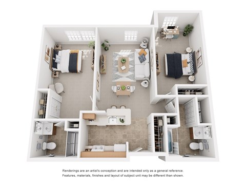 Floor plan for 2 beds, 2 baths, 905 sqft